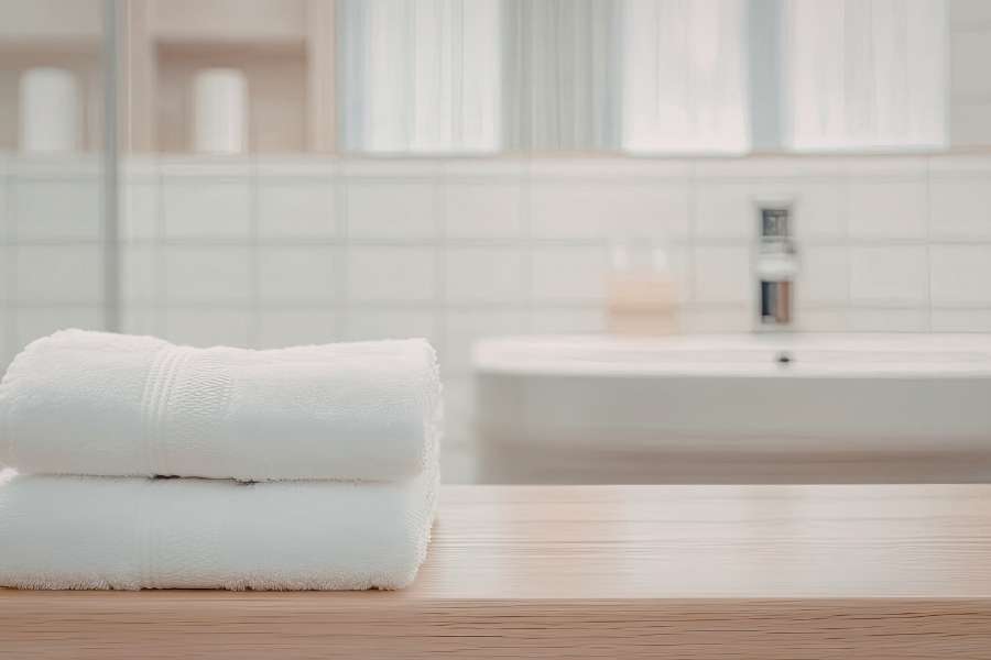 Salle de bain complète avec carrelage de sa salle de bain en grès gris marbré autour de la baignoire.