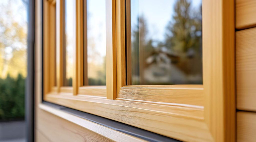Gros plan sur l'angle d'une fenêtre moderne avec une menuiserie PVC plaxé imitation bois chêne clair, montrant la texture veinée réaliste et les assemblages précis, installée sur une façade en bardage bois clair.
