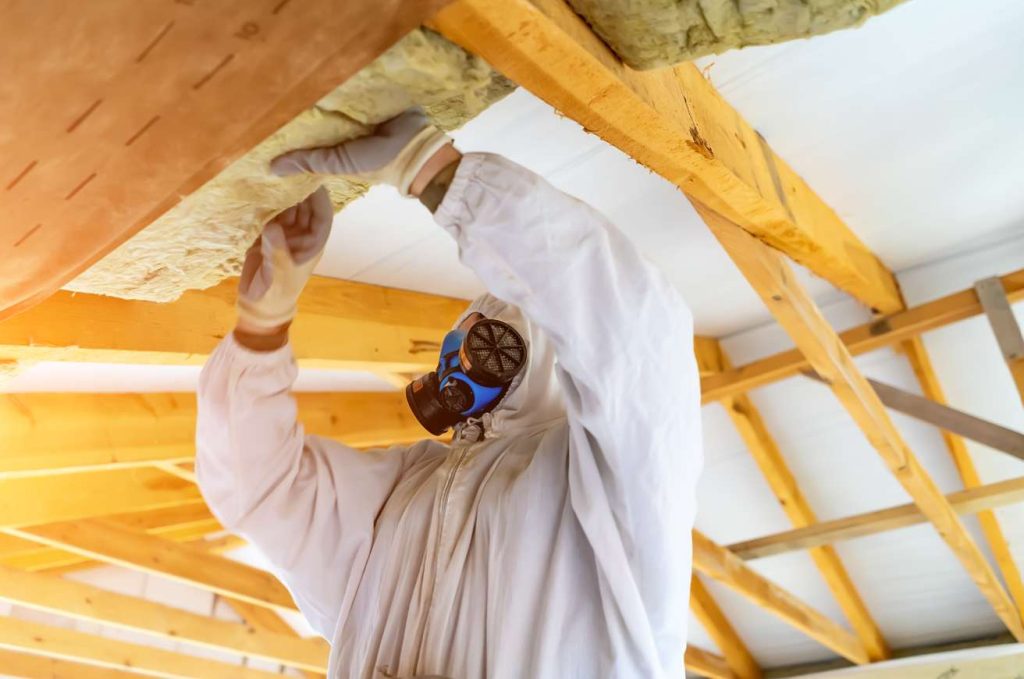 Un artisan en équipement de protection pose de l'isolant sous la toiture pour réaliser une isolation thermique pour optimiser chauffage.