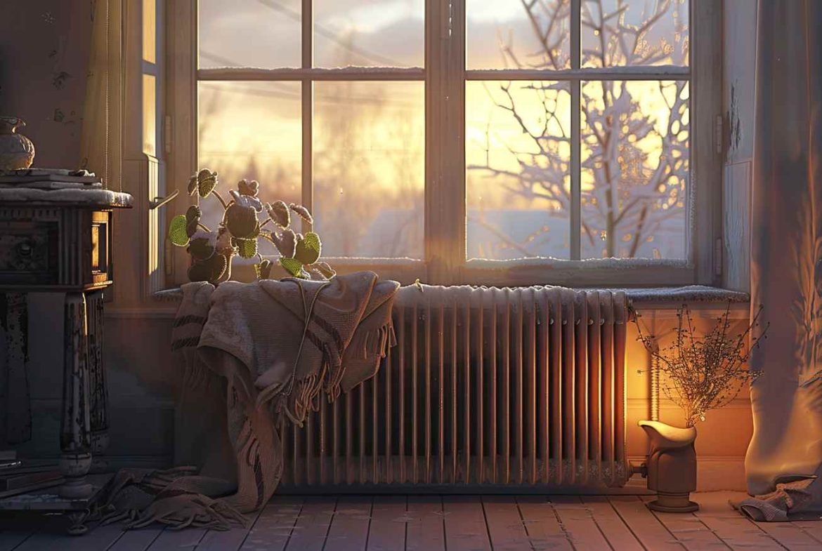Un radiateur en fonte et une fenêtre enneigée illustrant l'importance d'une bonne isolation thermique pour optimiser chauffage.