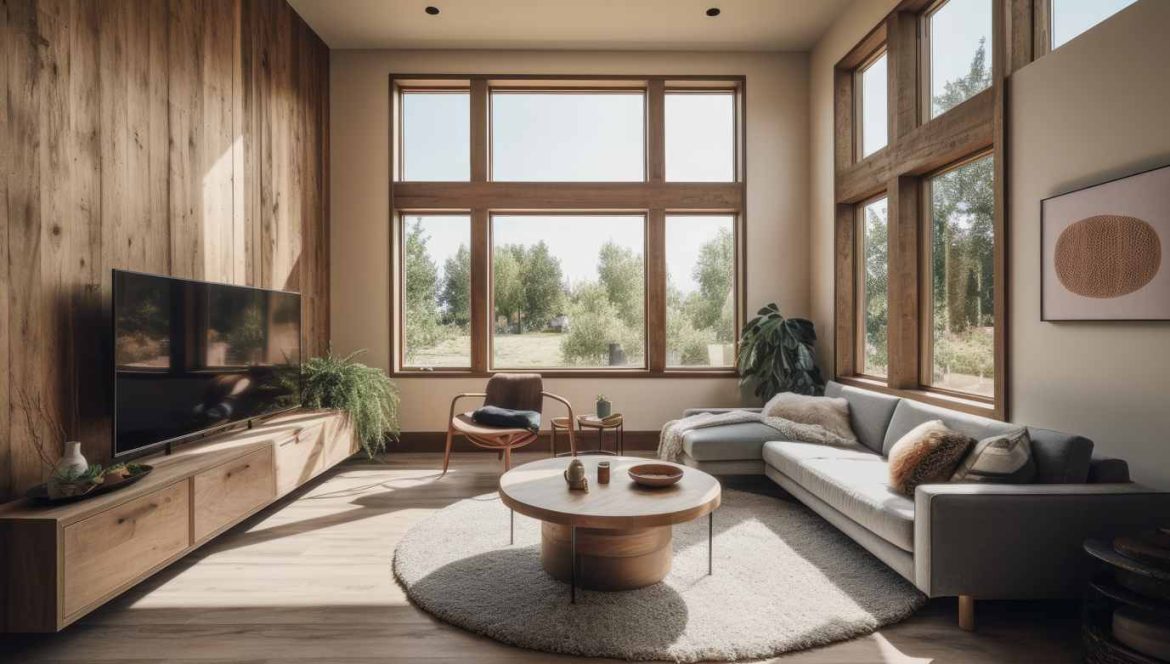Salon moderne et chaleureux avec une grande baie vitrée et des fenêtres en menuiserie PVC plaxé imitation bois chêne clair, offrant une vue sur la verdure.