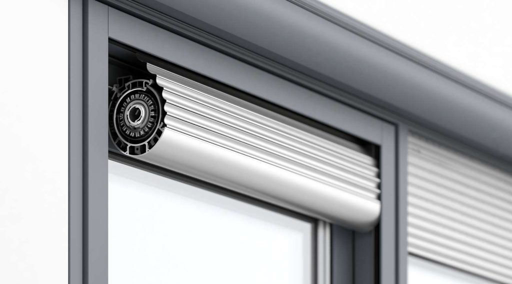 Mécanisme interne détaillé d'un volet roulant de sécurité enroulé dans son caisson en aluminium, une solution efficace pour securiser fenetre contre intrusion serrurier paris.